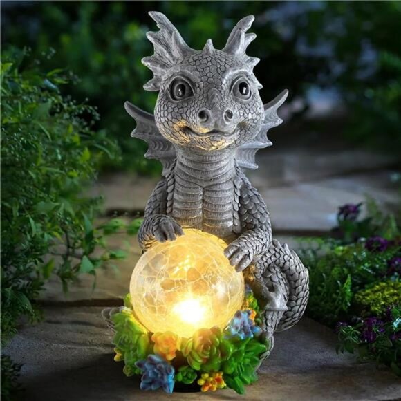 Solar Garden Outdoor Statues Dragon Holding Magic Orb with Solar LED Lights - Picture 1 of 7